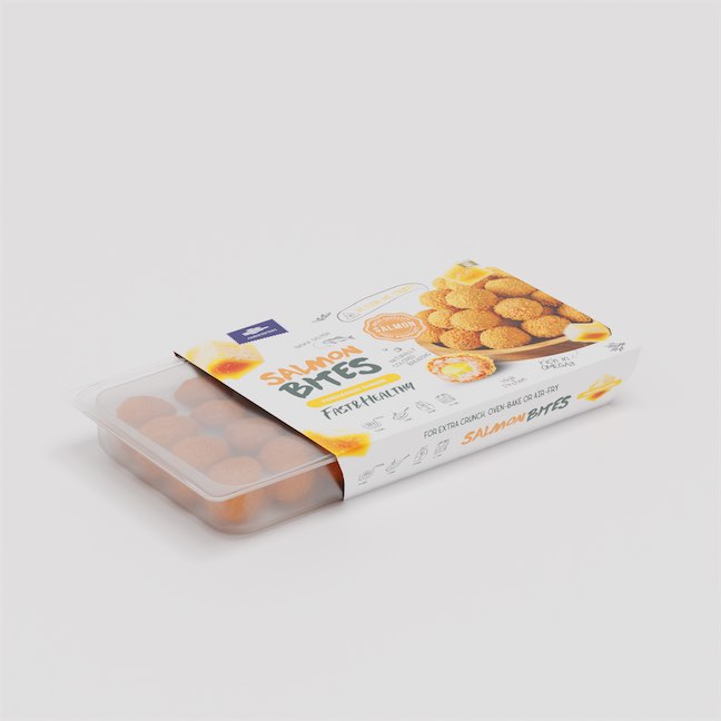 Frozen salmon meatballs with cheese, breaded (400g), tray sleeve
