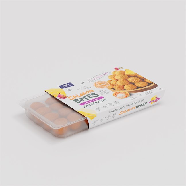 Frozen salmon meatballs with cheese and garlic, breaded (400g), tray sleeve