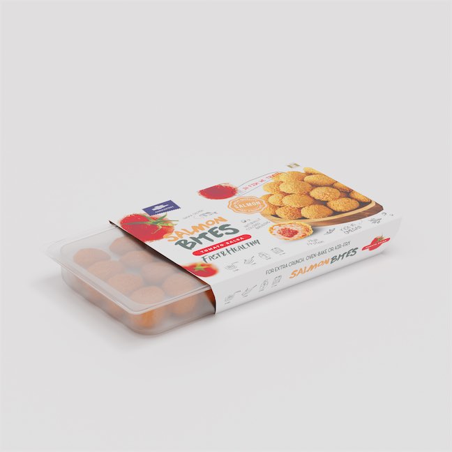 Frozen salmon meatballs with salsa, breaded (400g), tray sleeve