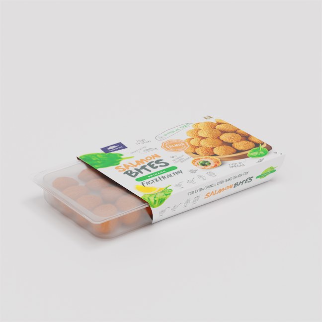 Frozen salmon meatballs with spinach, breaded (400g), tray sleeve